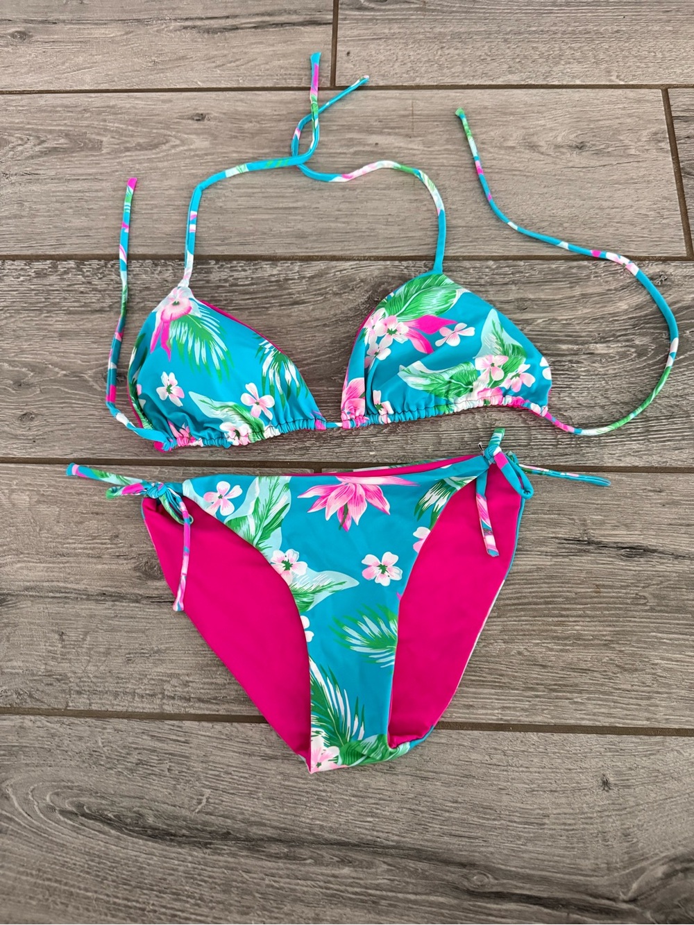Tropical Floral String Bikini Set - Teal & Hot Pink Medium